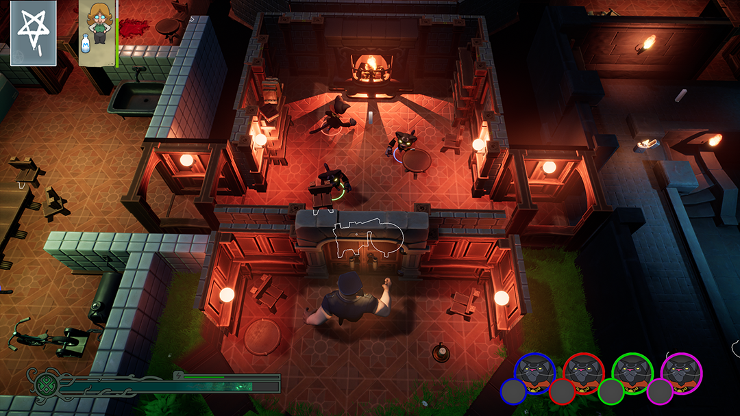 Ritual Party screenshot of cultists trying to stop the police by barricading the door